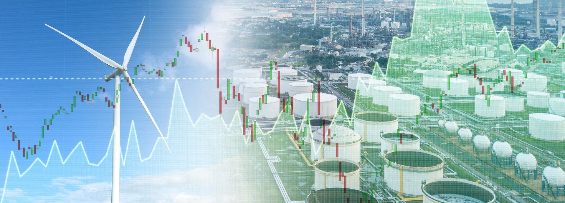 Wind Turbine und Ölraffinerien im Hintergrund mit zwei Graphen im Vordergrund