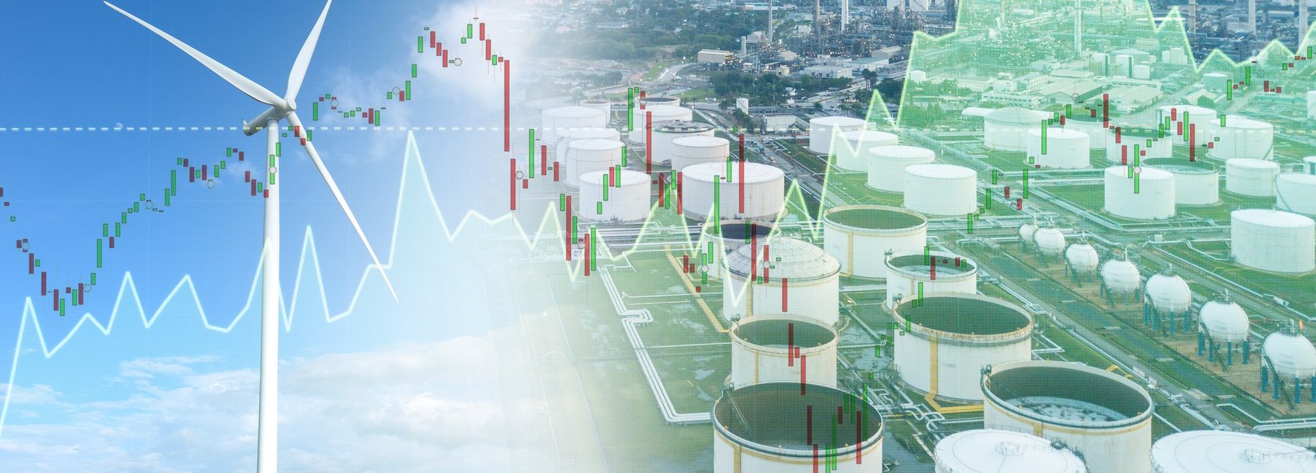 Beschreibung: Windturbine und Ölraffinerien im Hintergrund mit zwei Graphen im Vordergrund