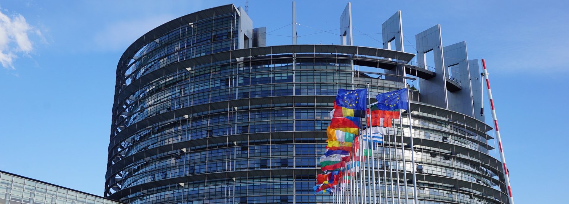 EU Parlamentsgebäude mit blauem Himmel und den Flaggen der europäischen Mitgliedsstaaten