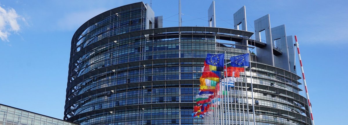 EU Parlamentsgebäude mit blauem Himmel und den Flaggen der europäischen Mitgliedsstaaten