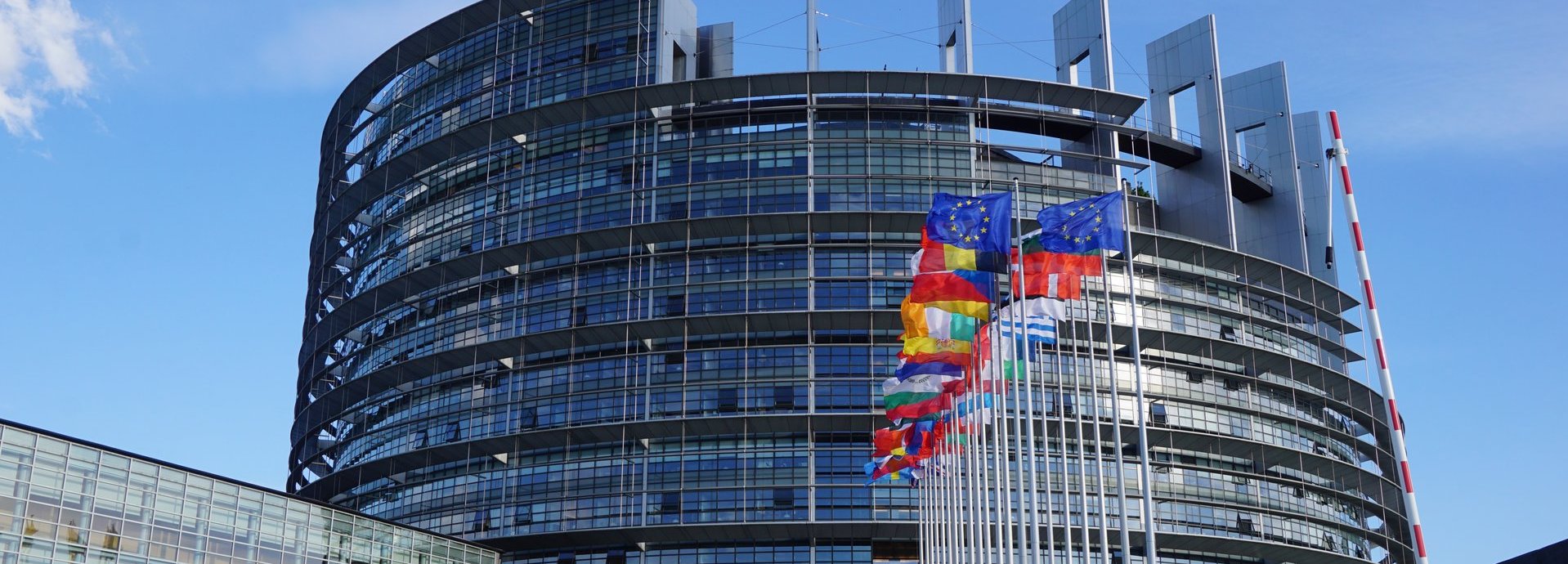 EU Parlamentsgebäude mit blauem Himmel und den Flaggen der europäischen Mitgliedsstaaten