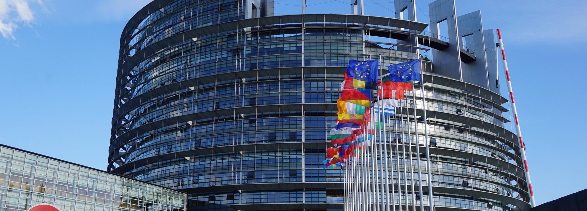 EU Parlamentsgebäude mit blauem Himmel und den Flaggen der europäischen Mitgliedsstaaten