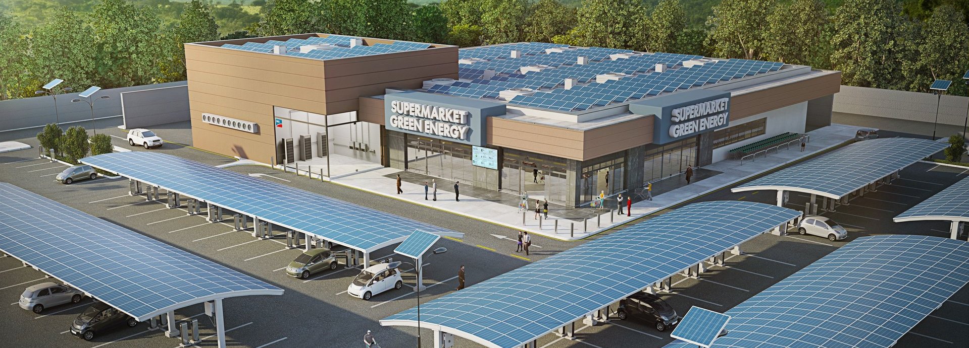 Erneuerbare Energien Supermarkt mit Solarbetriebenen Ladestellen für elektrische Autos auf dem Parkplatz