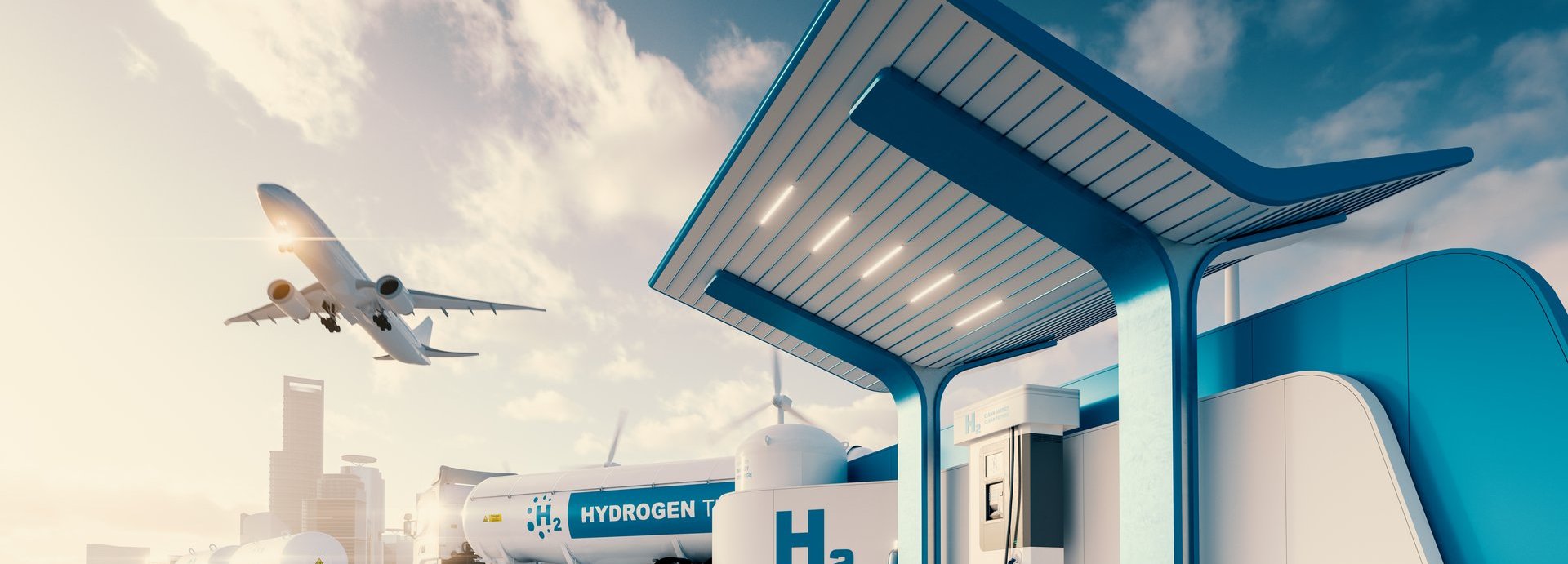 Beschreibung: Wasserstofftankstelle mit LKW, Jet und Stadt im Hintergrund
