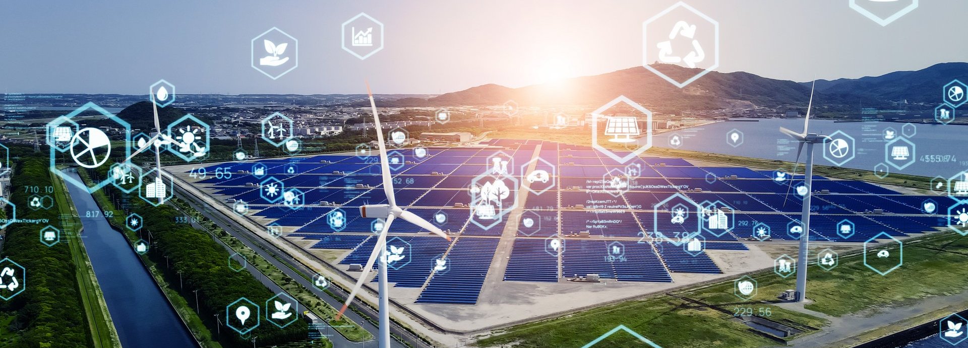 Beschreibung: Icons aus dem Energiebereich vor einem Solargrid und Windrädern