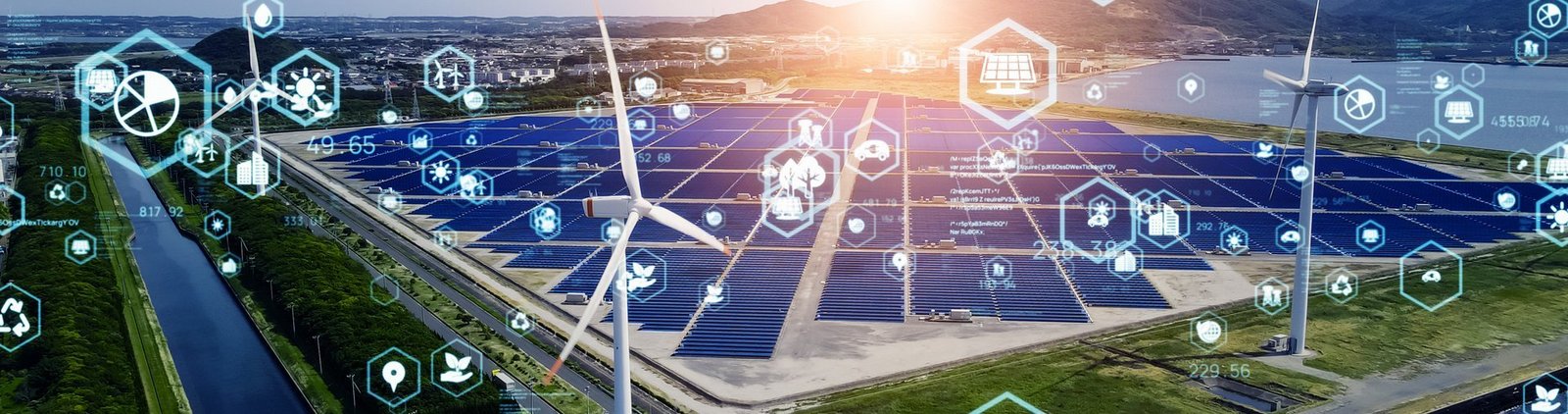 Icons aus dem Energiebereich vor einem Solargrid und Windrädern