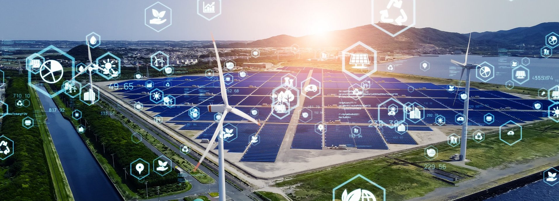 Icons aus dem Energiebereich vor einem Solargrid und Windrädern