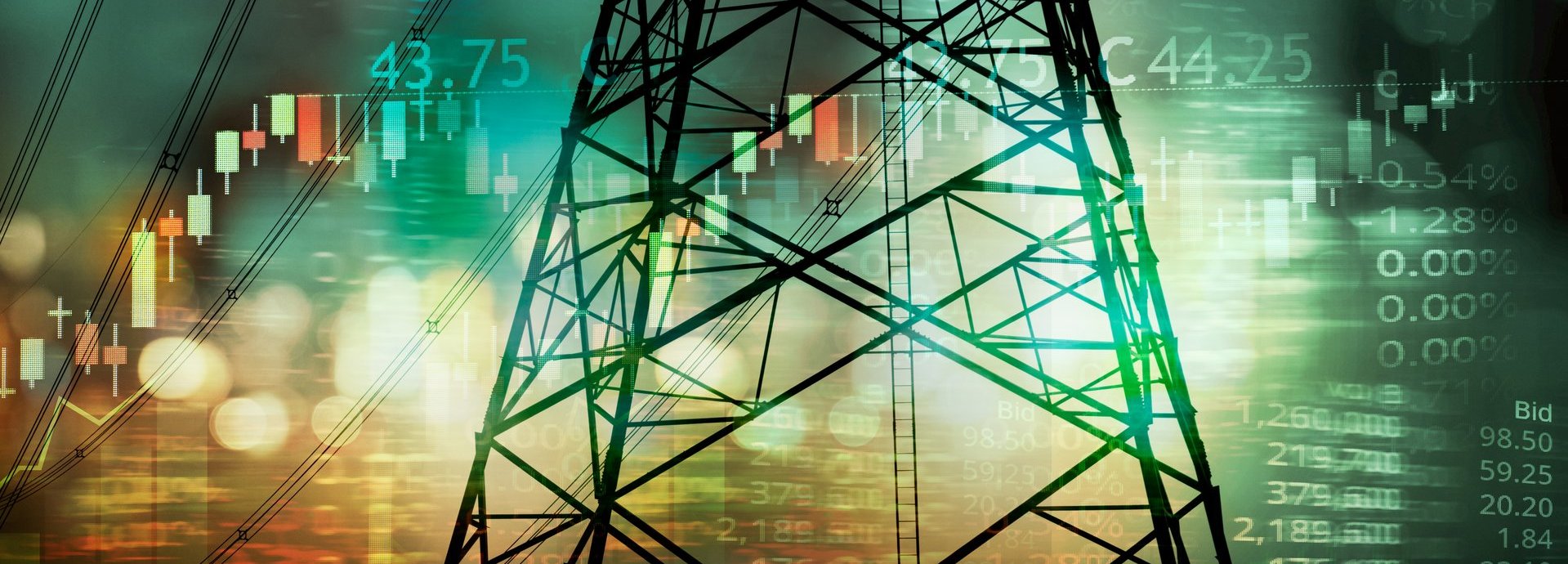 market stock graph and information with city green blue light and electricity pole and energy facility industry and business background