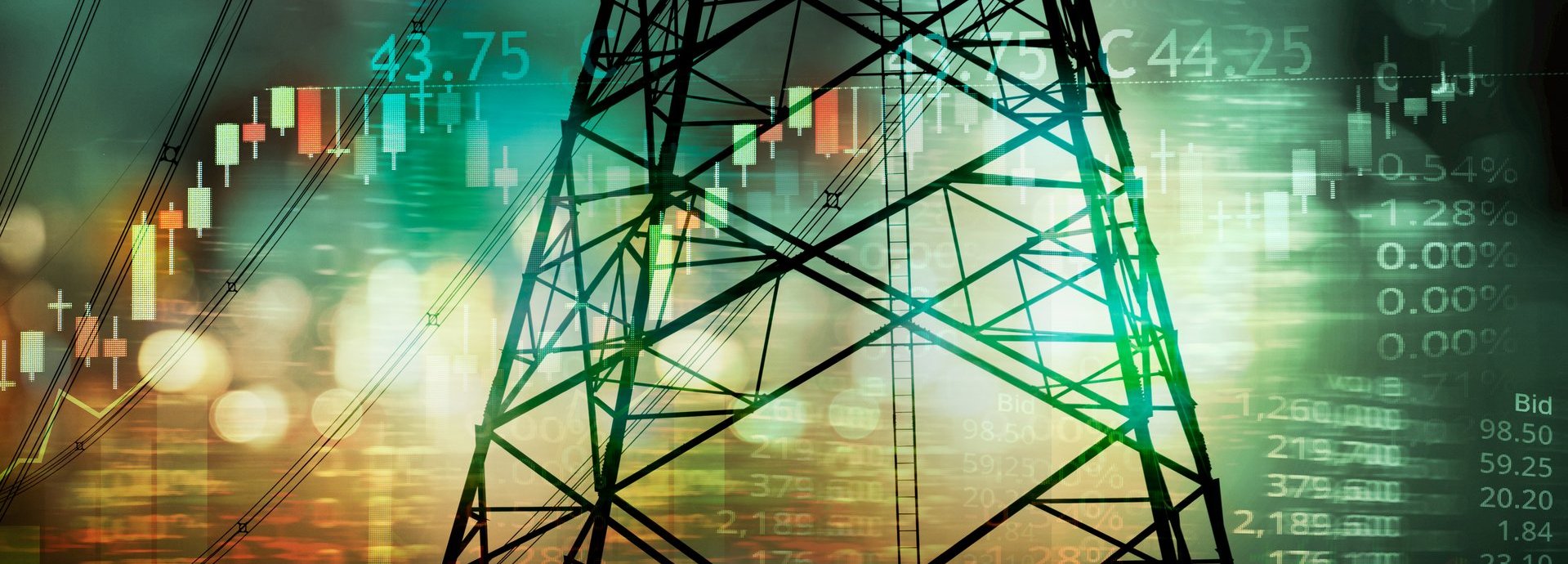 Beschreibung: Strommast mit Aktiengrafik im Hintergrund