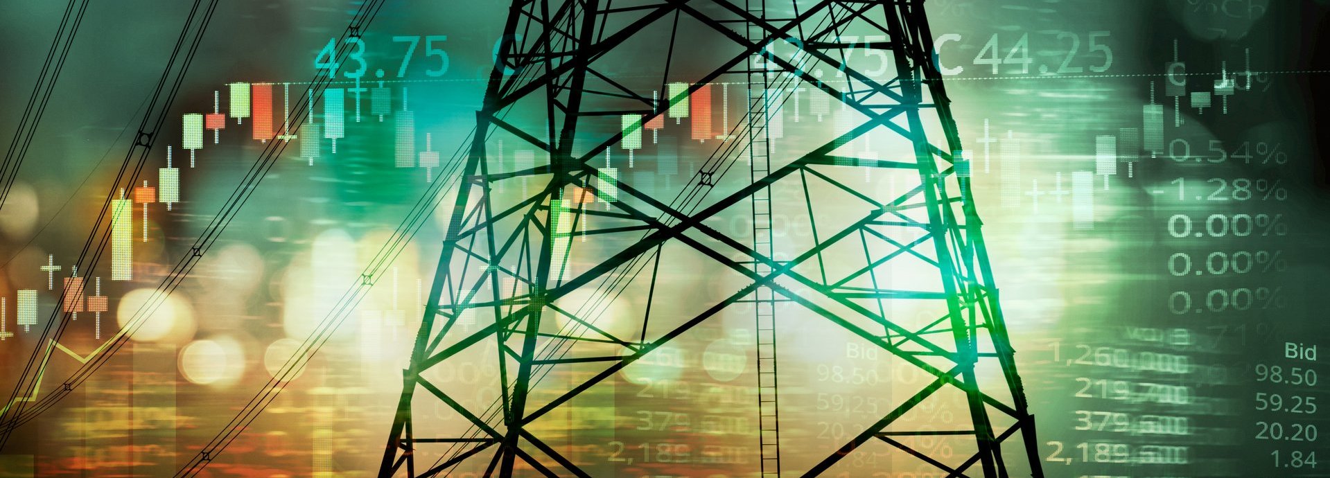 market stock graph and information with city green blue light and electricity pole and energy facility industry and business background