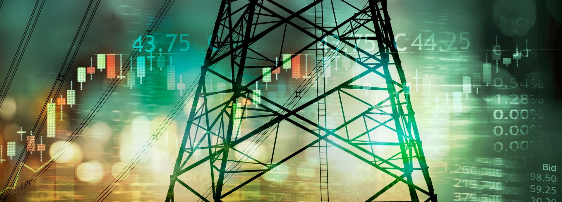 market stock graph and information with city green blue light and electricity pole and energy facility industry and business background