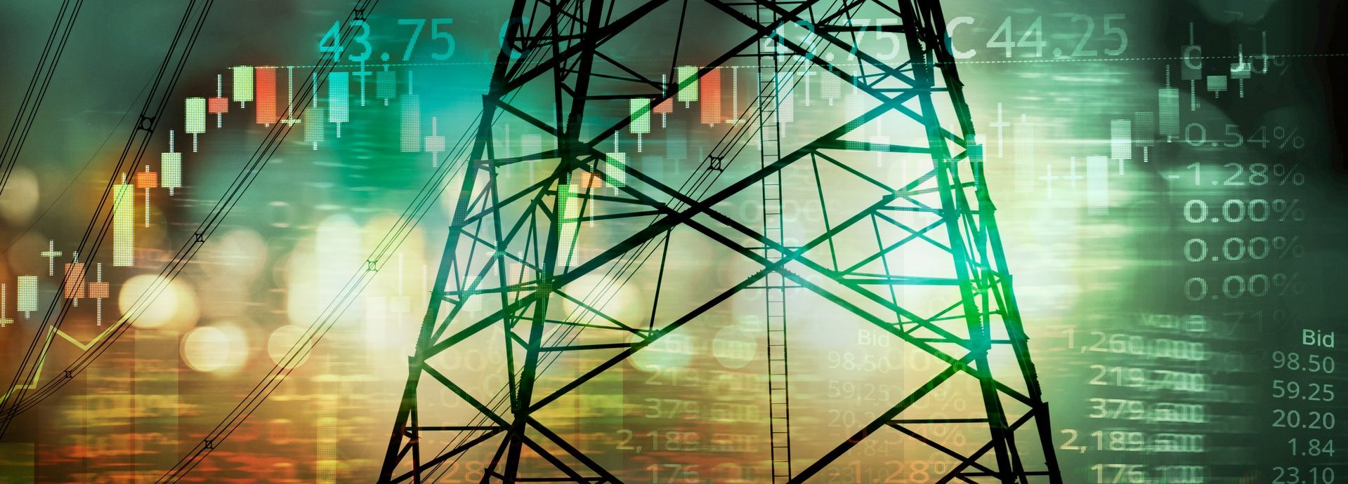 market stock graph and information with city green blue light and electricity pole and energy facility industry and business background