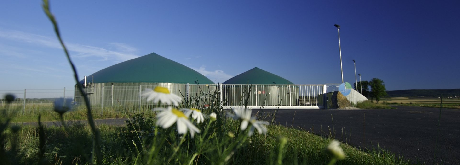 Beschreibung: Biogasanlage vor dunkelblauem Himmel mit grünen Pflanzen im Vordergrund