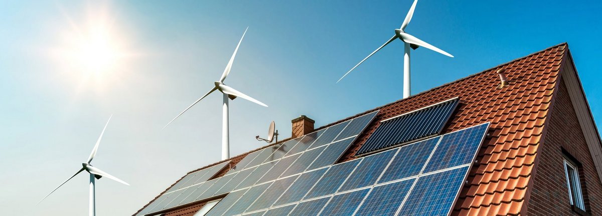 Bildbeschreibung: Solarkollektoren auf einem roten Dach mit Sonne und Windrädern im Hintergrund