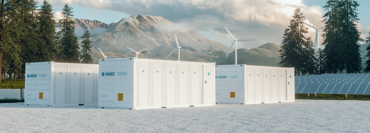 Modernes Container-Batteriespeicherkraftwerk, begleitet von Sonnenkollektoren und Windkraftanlagen in der Natur mit Mount St. Helens im Hintergrund. 3D-Rendering.