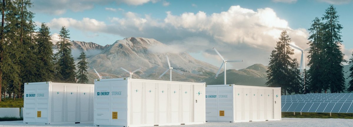 Bildbeschreibung: Modernes Container-Batteriespeicherkraftwerk, begleitet von Sonnenkollektoren und Windkraftanlagen in der Natur mit Mount St. Helens im Hintergrund