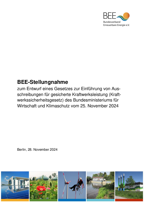BEE-Stellungnahme zum Entwurf eines Gesetzes zur Einführung von Ausschreibungen für gesicherte Kraftwerksleistung (Kraftwerkssicherheitsgesetz) des Bundesministeriums für Wirtschaft und Klimaschutz vom 25. November 2024
