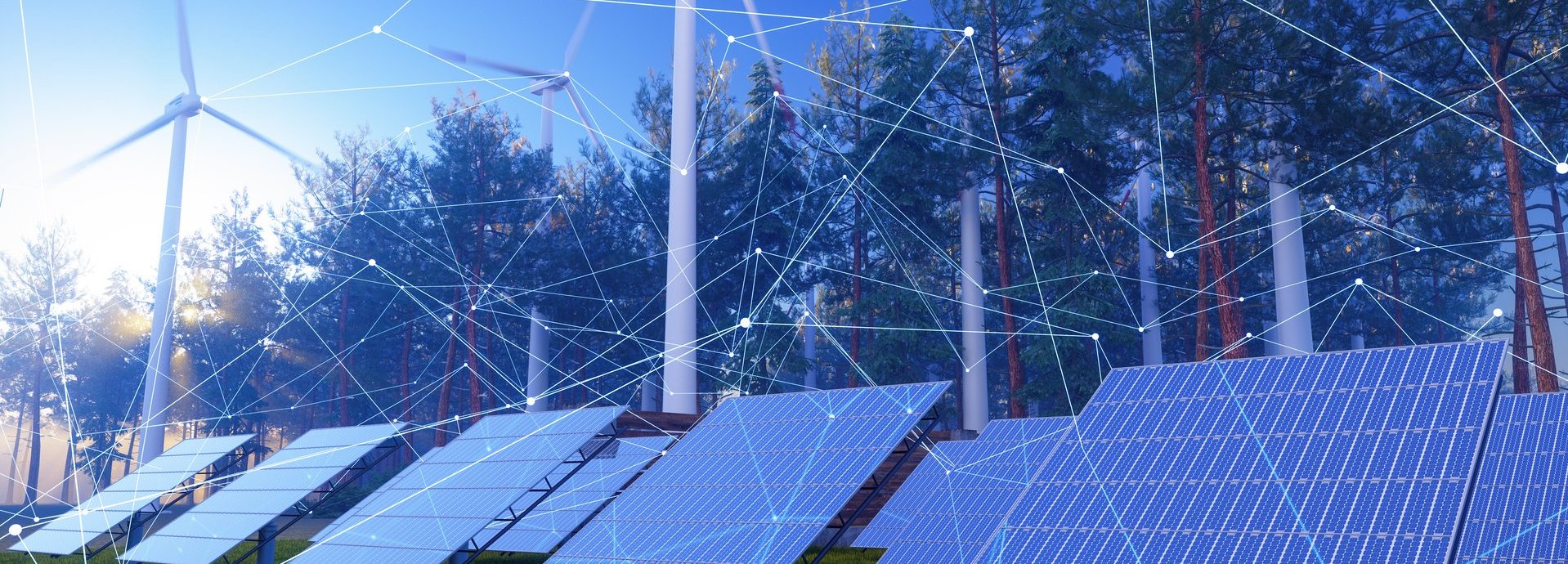 Windräder und Solarzellen vor einer Waldfläche mit weißen gezeichneten Linien