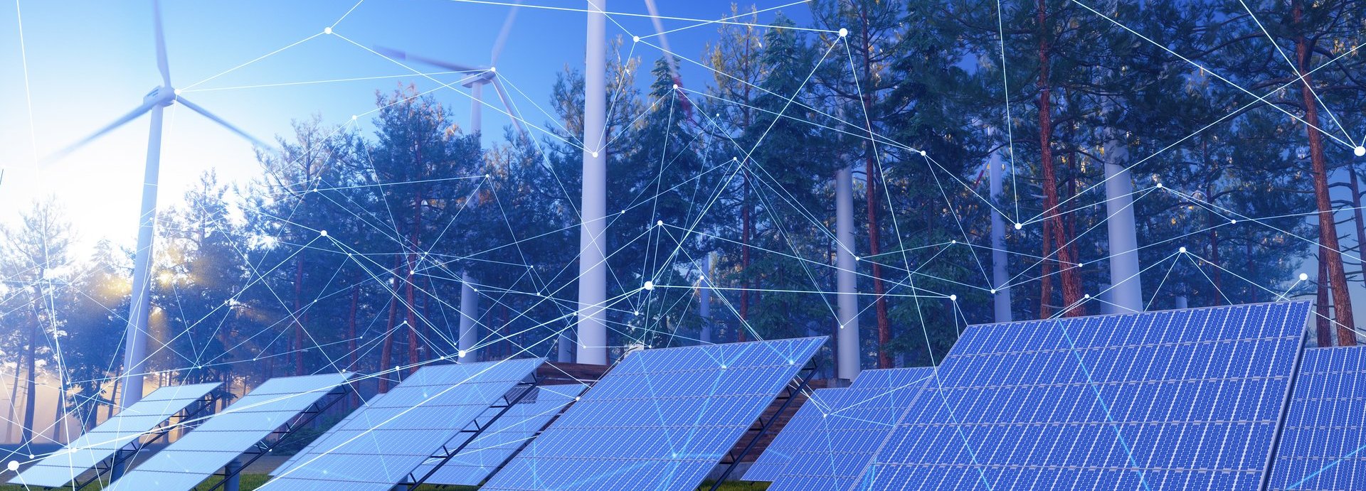 Windräder und Solarzellen vor einer Waldfläche mit weißen gezeichneten Linien
