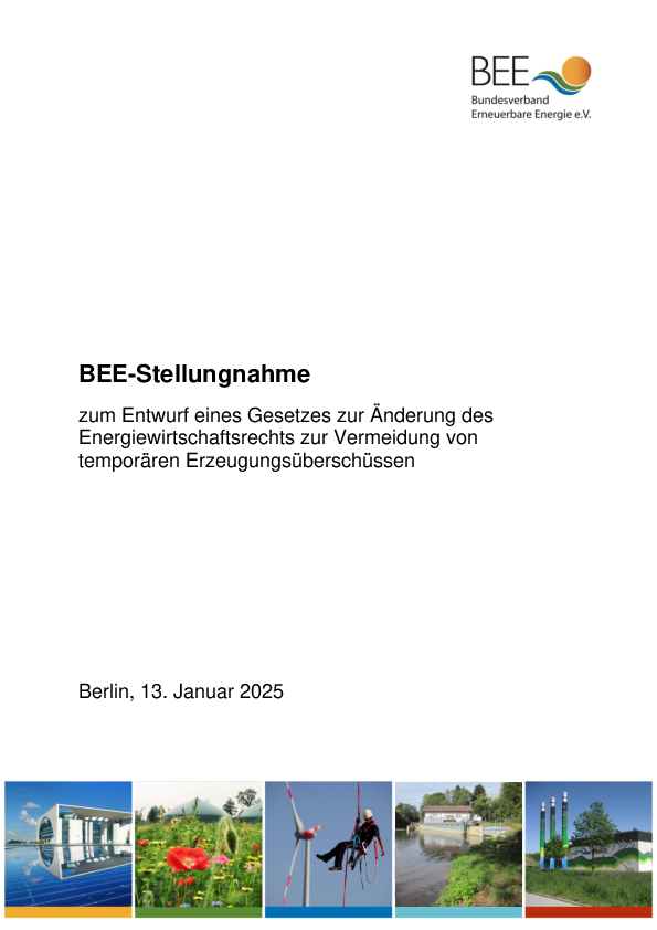 Stellungnahme zur Änderung des Energiewirtschaftsrechts zur Vermeidung von temporären Erzeugungsüberschüssen