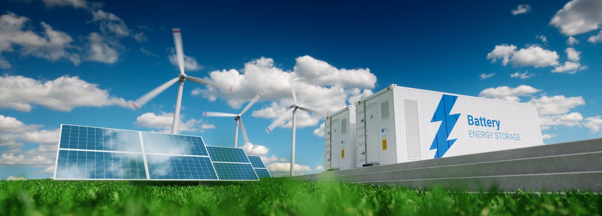 Konzept des Energiespeichersystems. Erneuerbare Energien - Photovoltaik, Windräder und Li-Ionen-Batteriecontainer in frischer Natur. 3D-Rendering.