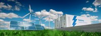 Konzept des Energiespeichersystems. Erneuerbare Energien - Photovoltaik, Windräder und Li-Ionen-Batteriecontainer in frischer Natur. 3D-Rendering.