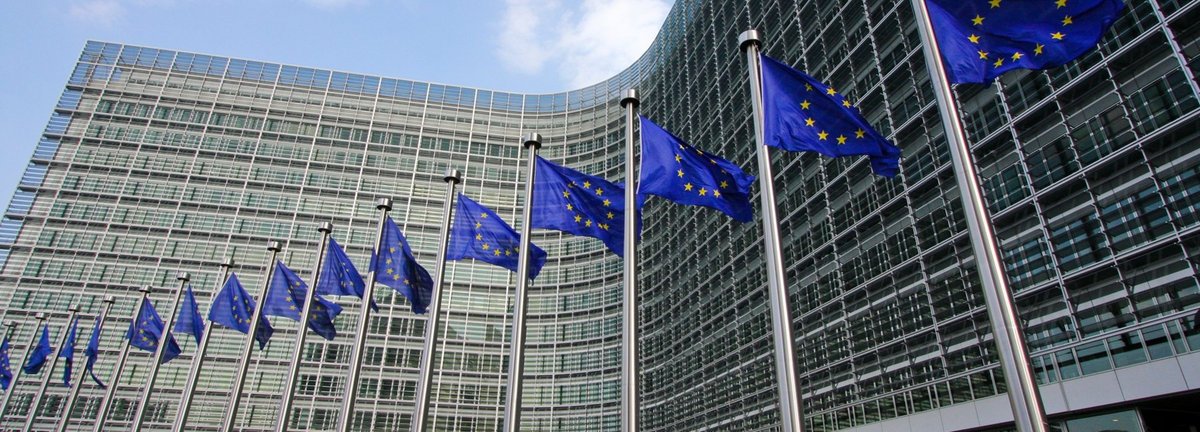 Wehende Europäische Flaggen vor Gebäude 