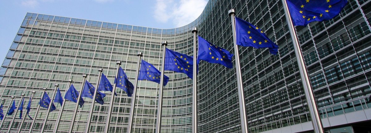 Wehende Europäische Flaggen vor Gebäude 