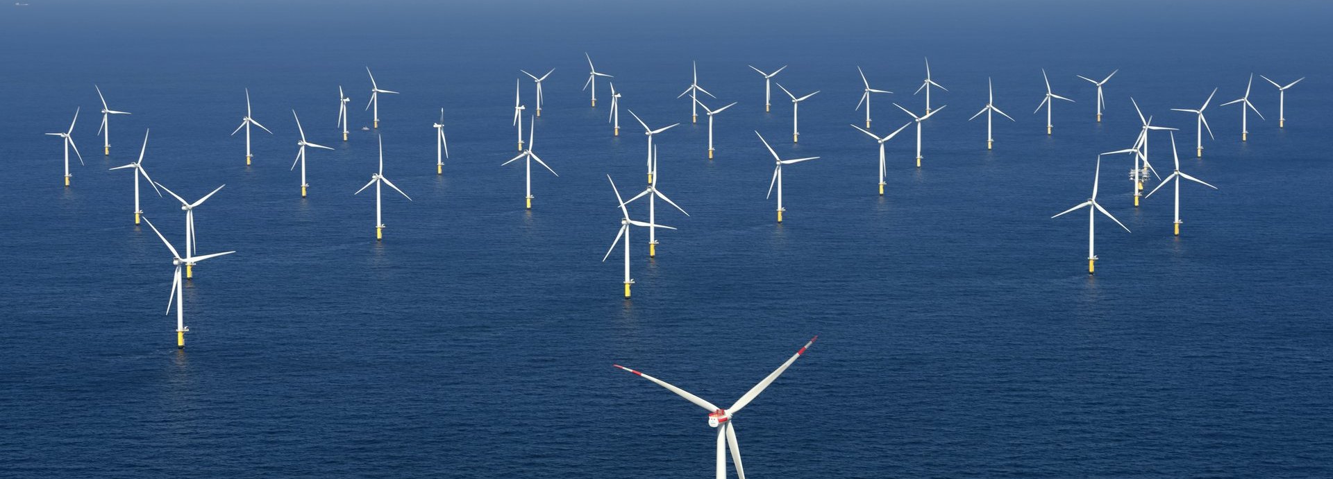 Viele Windräder offshore auf dem offenen Meer
