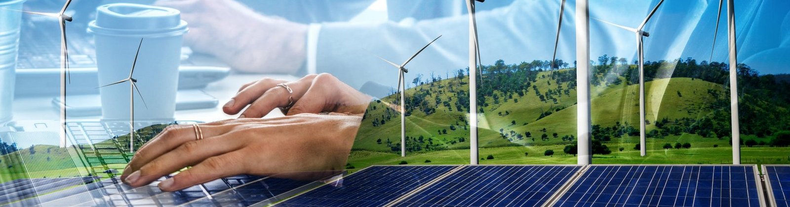 Doppelbelichtungsgrafik von Geschäftsleuten, die über Windturbinenparks und Arbeiterschnittstellen für grüne erneuerbare Energien arbeiten. Konzept der Nachhaltigkeitsentwicklung durch alternative Energie.