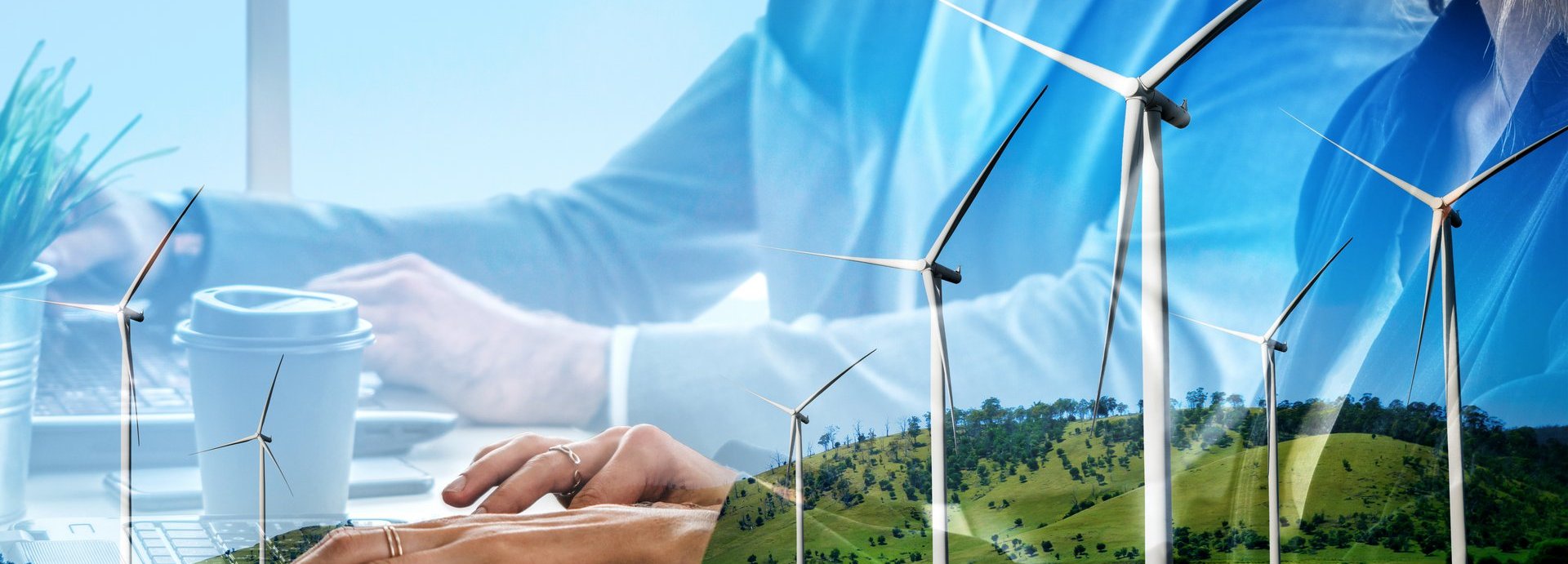 Beschreibung: Doppelbelichtungsgrafik von Geschäftsleuten, die über Windturbinenparks und Arbeiterschnittstellen für grüne erneuerbare Energien arbeiten