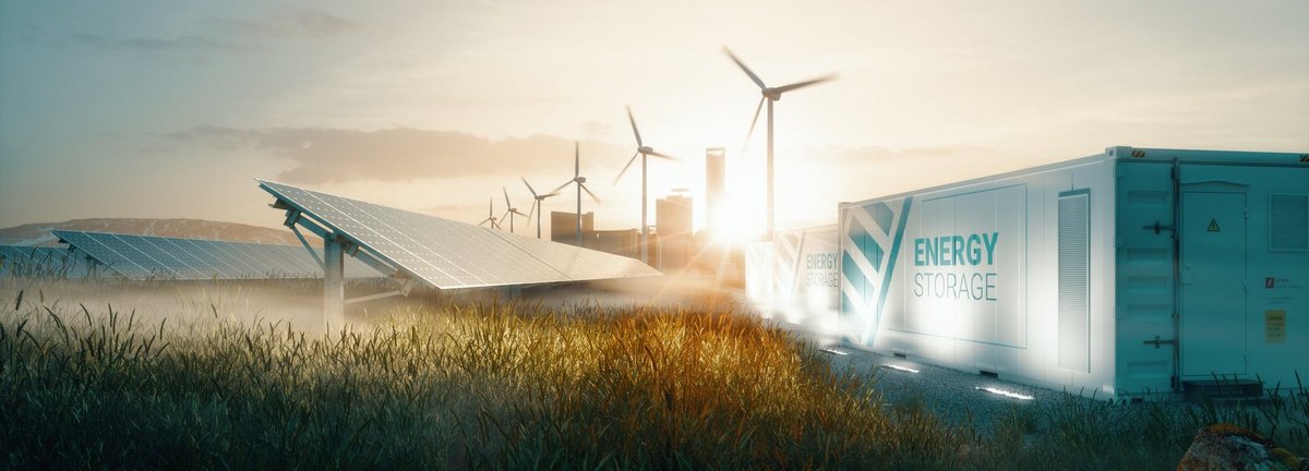 Smart Grid Konzept mit Windrädern, einer Solarzelle auf einem Feld und einem Batteriespeicher