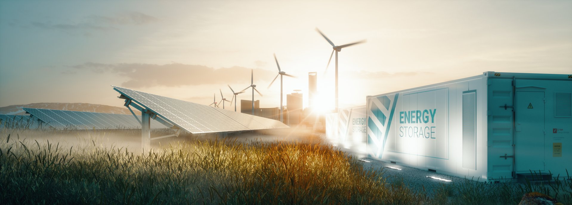 Beschreibung: Smart-Grid-Konzept mit Windrädern, einer Solarzelle auf einem Feld und einem Batteriespeicher