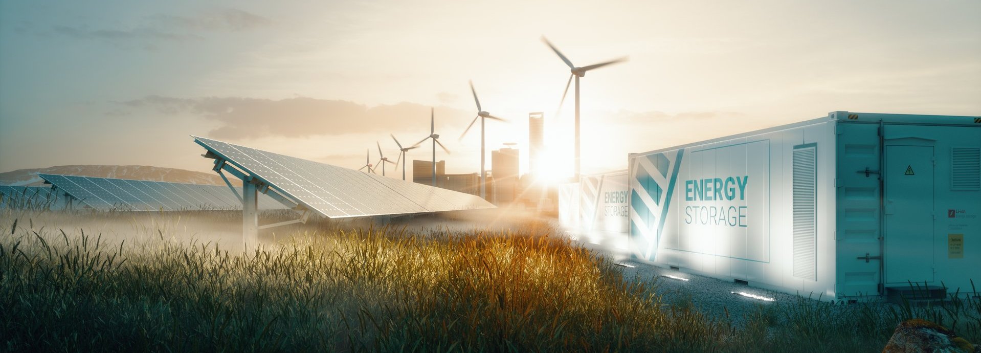 Smart Grid Konzept mit Windrädern, einer Solarzelle auf einem Feld und einem Batteriespeicher