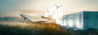 Smart Grid Konzept mit Windrädern, einer Solarzelle auf einem Feld und einem Batteriespeicher