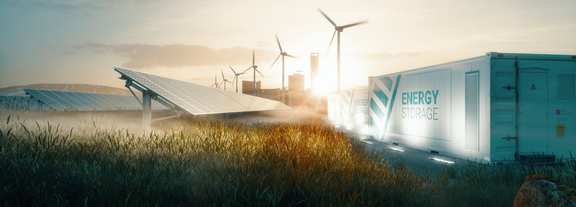Beschreibung: Smart-Grid-Konzept mit Windrädern, einer Solarzelle auf einem Feld und einem Batteriespeicher