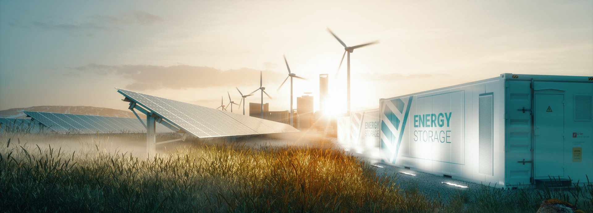 Smart Grid Konzept mit Windrädern, einer Solarzelle auf einem Feld und einem Batteriespeicher