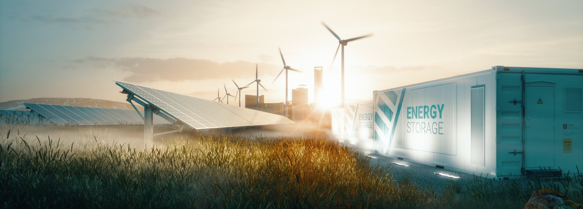 Smart Grid Konzept mit Windrädern, einer Solarzelle auf einem Feld und einem Batteriespeicher
