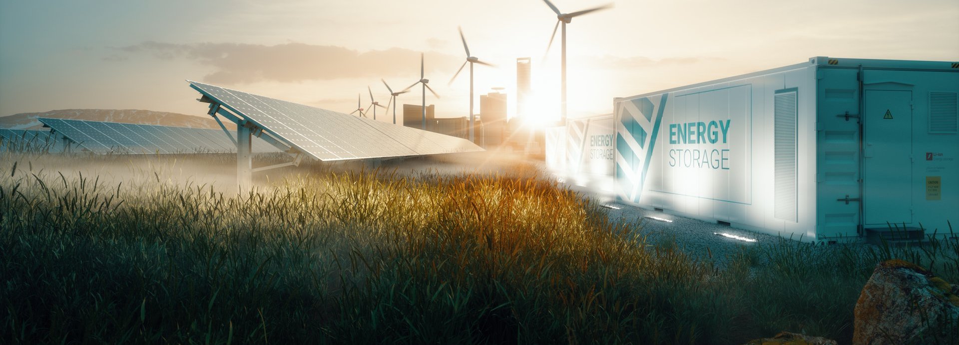 Beschreibung: Smart-Grid-Konzept mit Windrädern, einer Solarzelle auf einem Feld und einem Batteriespeicher