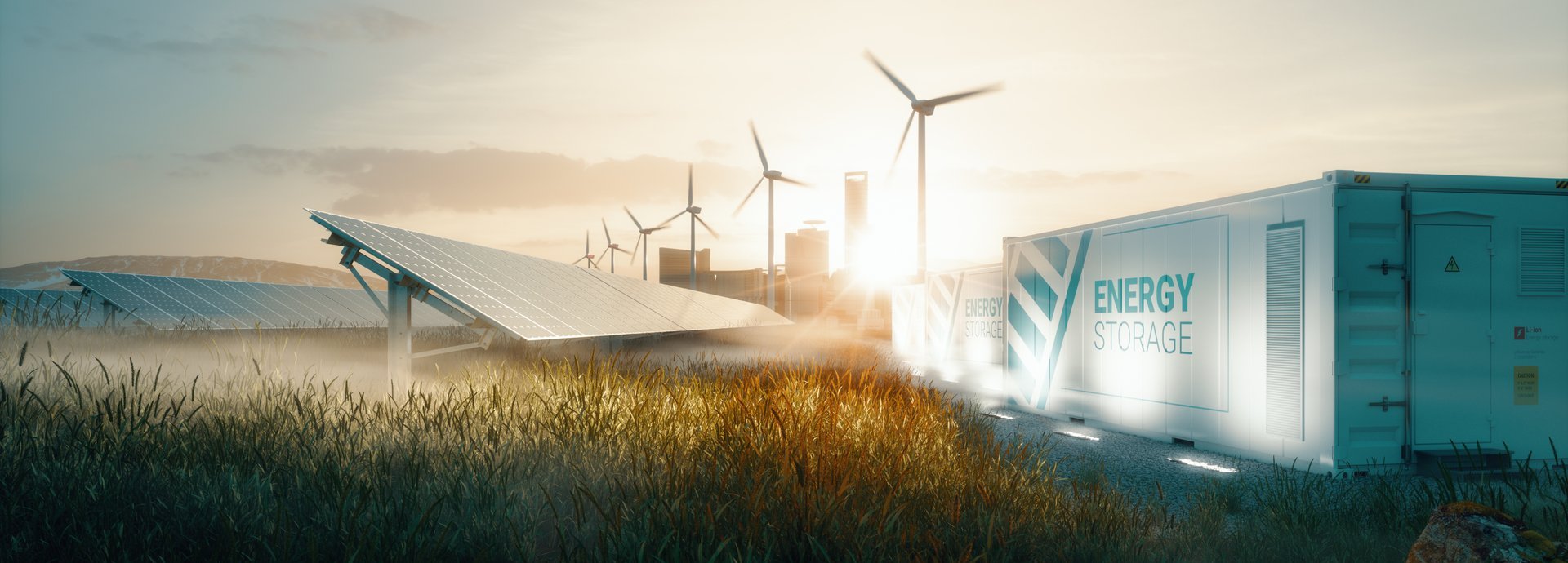 Beschreibung: Smart-Grid-Konzept mit Windrädern, einer Solarzelle auf einem Feld und einem Batteriespeicher