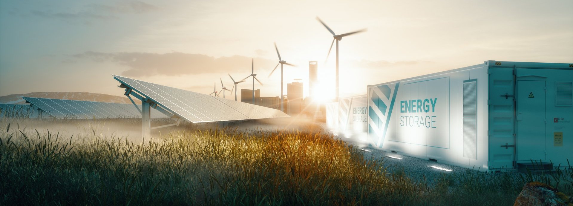 Beschreibung: Smart-Grid-Konzept mit Windrädern, einer Solarzelle auf einem Feld und einem Batteriespeicher