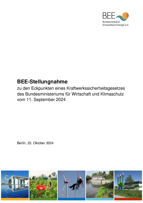 BEE-Stellungnahme zu den Eckpunkten eines Kraftwerkssicherheitsgesetzes des Bundesministeriums für Wirtschaft und Klimaschutz vom 11. September 2024