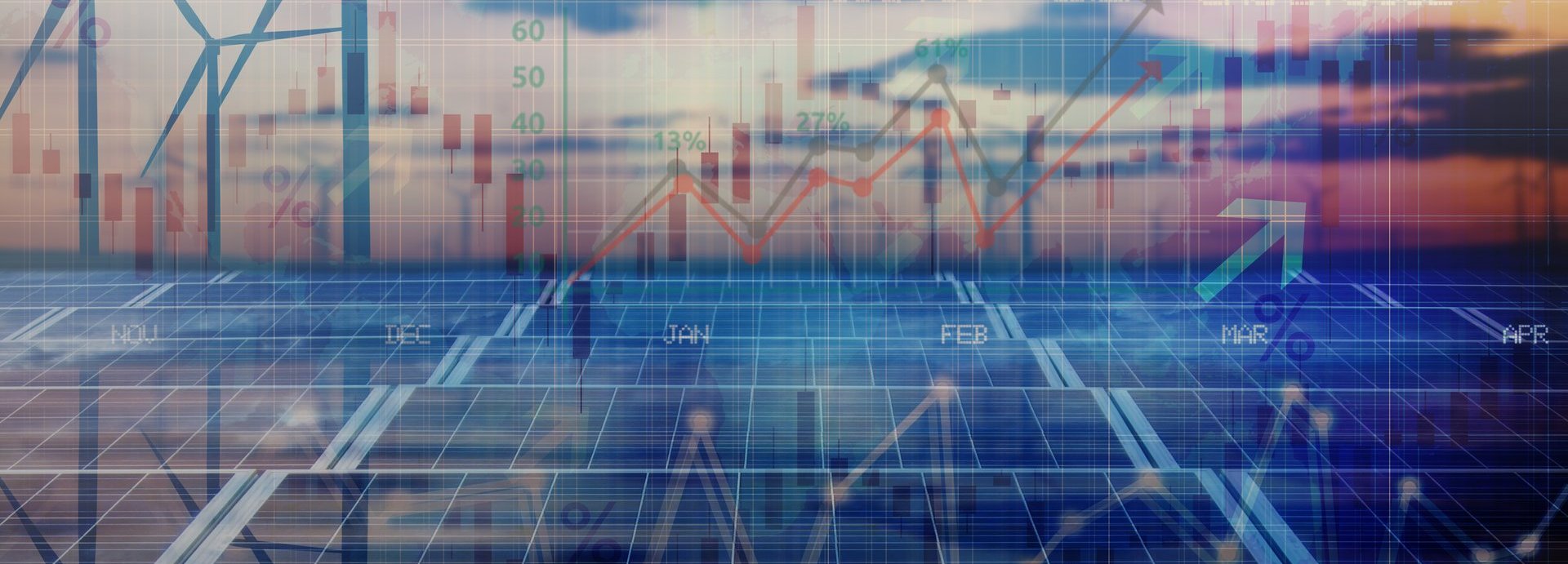 Beschreibung: Dunkelroter wolkenbehangener Himmel mit Windrädern und Solaranlagen, im Vordergrund ein Aktienindex mit Preisentwicklungen
