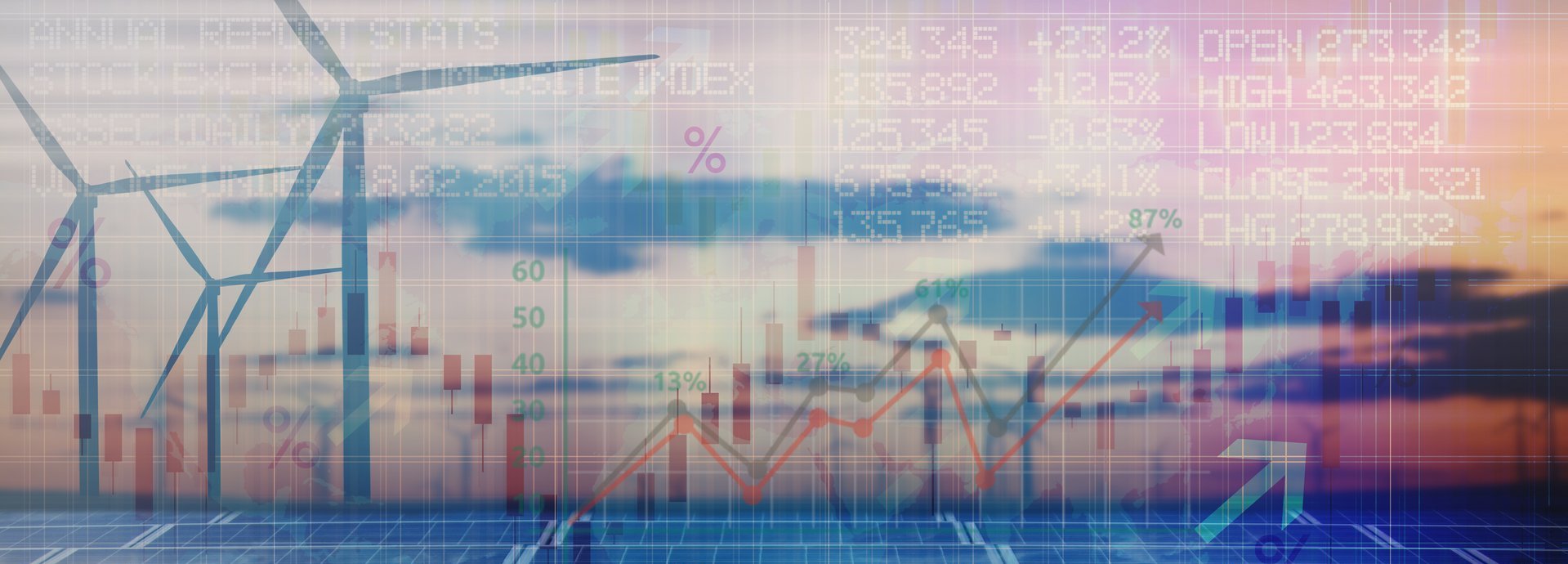 Beschreibung: Dunkelroter wolkenbehangener Himmel mit Windrädern und Solaranlagen, im Vordergrund ein Aktienindex mit Preisentwicklungen