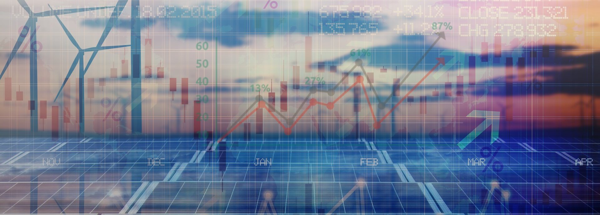 Beschreibung: Dunkelroter wolkenbehangener Himmel mit Windrädern und Solaranlagen, im Vordergrund ein Aktienindex mit Preisentwicklungen