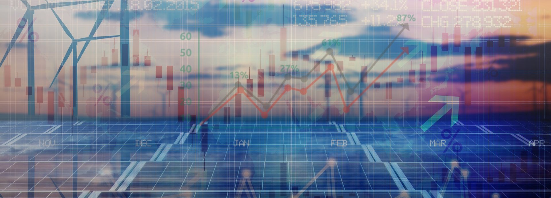 Beschreibung: Dunkelroter wolkenbehangener Himmel mit Windrädern und Solaranlagen, im Vordergrund ein Aktienindex mit Preisentwicklungen