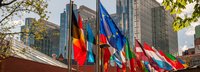 Paul Henri Spaak Gebäude im Hintergrund mit europäischen Flaggen und Ästen