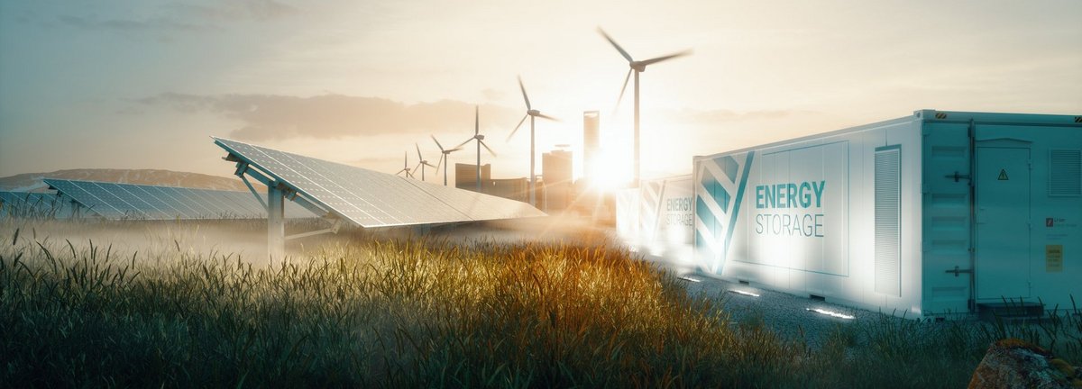 Bildbeschreibung: Smart-Grid-Konzept mit Windrädern, einer Solarzelle auf einem Feld und einem Batteriespeicher