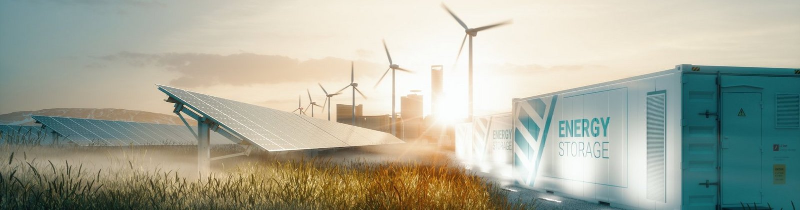 Smart Grid Konzept mit Windrädern, einer Solarzelle auf einem Feld und einem Batteriespeicher