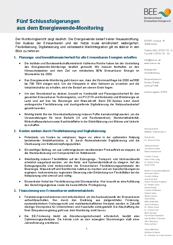 Fünf Schlussfolgerungen aus dem Energiewende-Monitoring